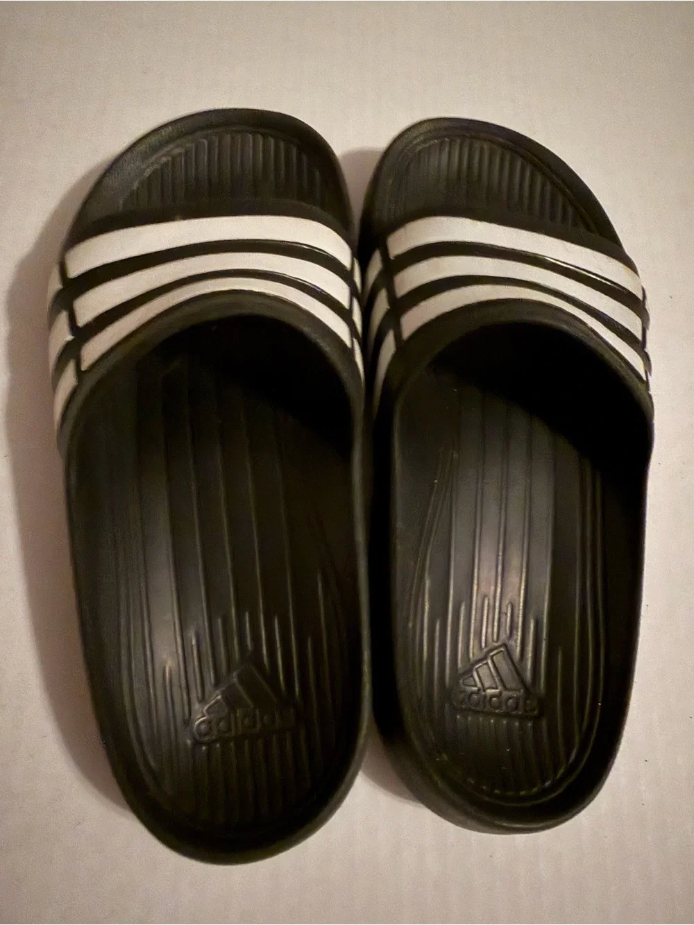 #198 Adidas Kids Black and White Slide Sandals size 1
